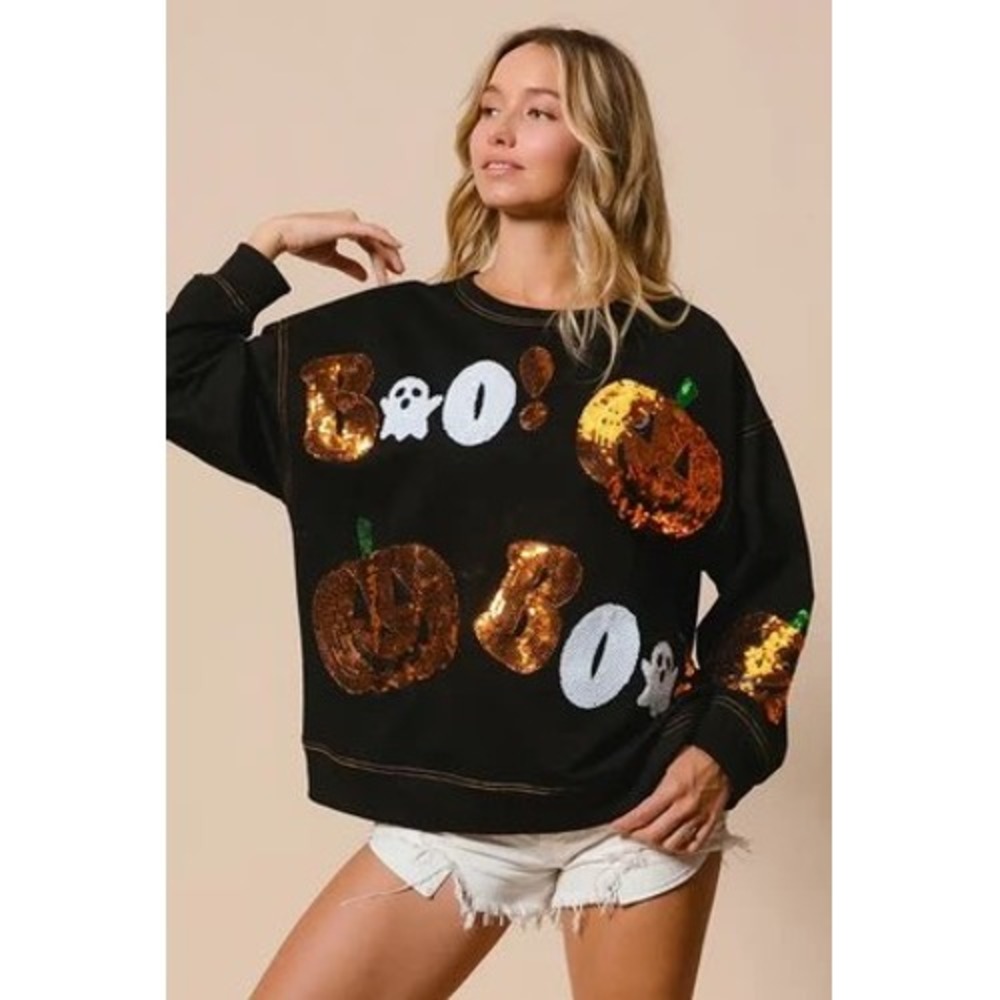 BIBI Womens Halloween Sequin Boo Pumpkin Ghost Sweatshirt Black Large New - Picture 3 of 13